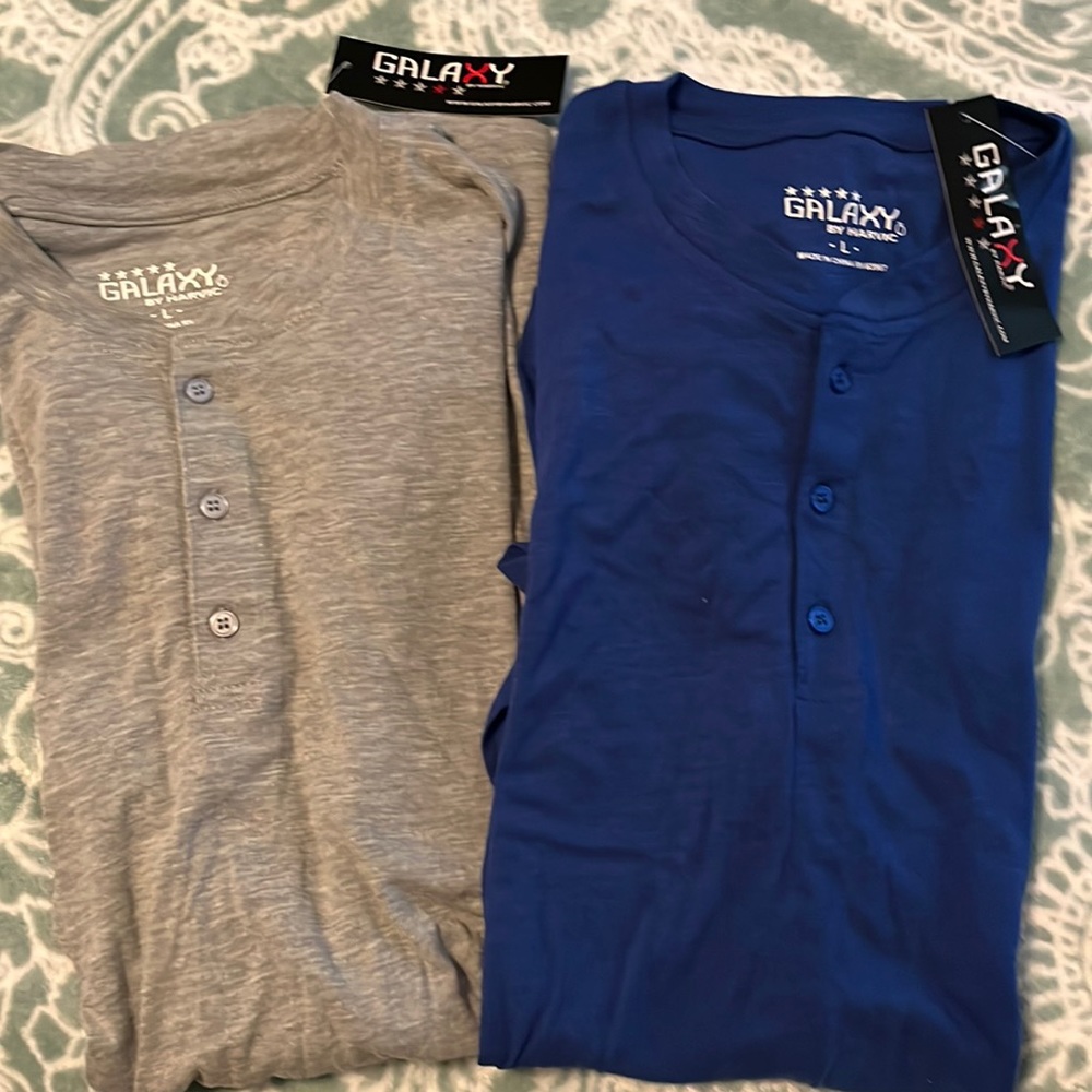 NWT, selling as a set. One blue, two gray tones. Three shirts total!!